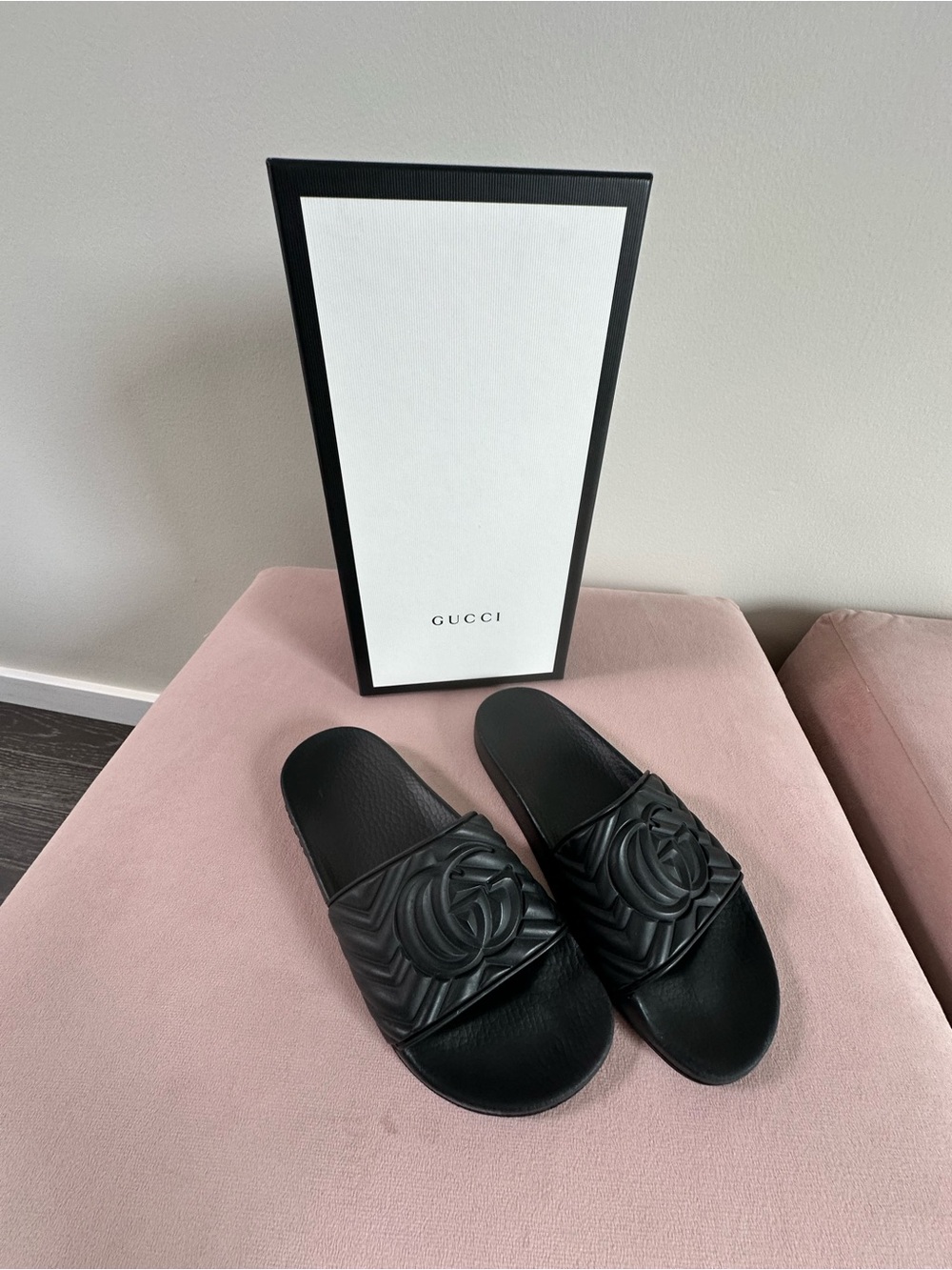 Gucci Black Slide Sandals with Embossed Interlocking G